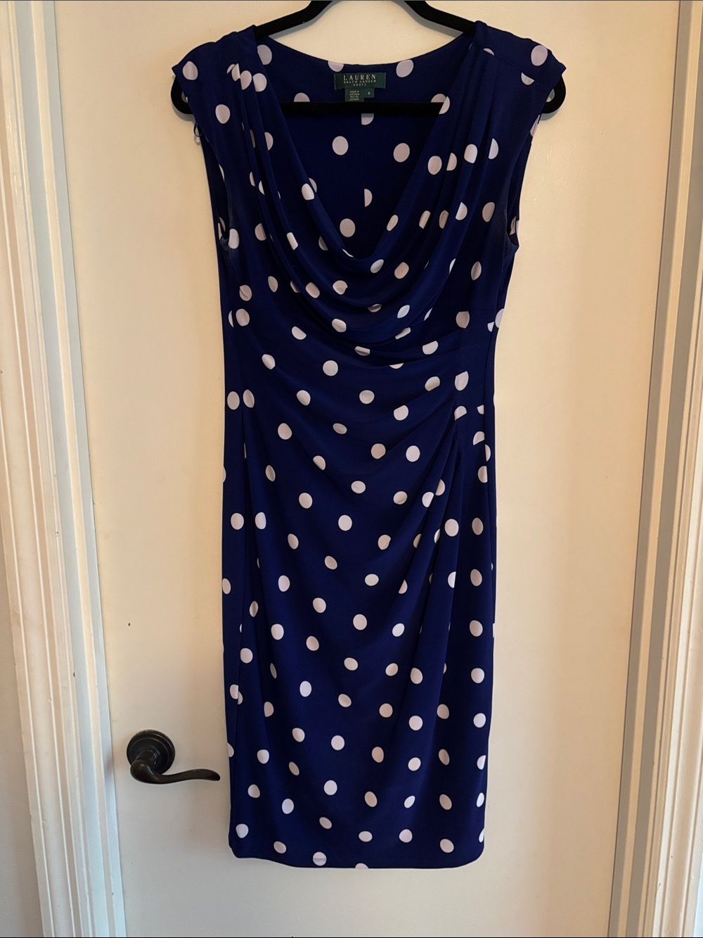 Ralph Lauren Royal Blue Polka Dot Cowl Neck Dress